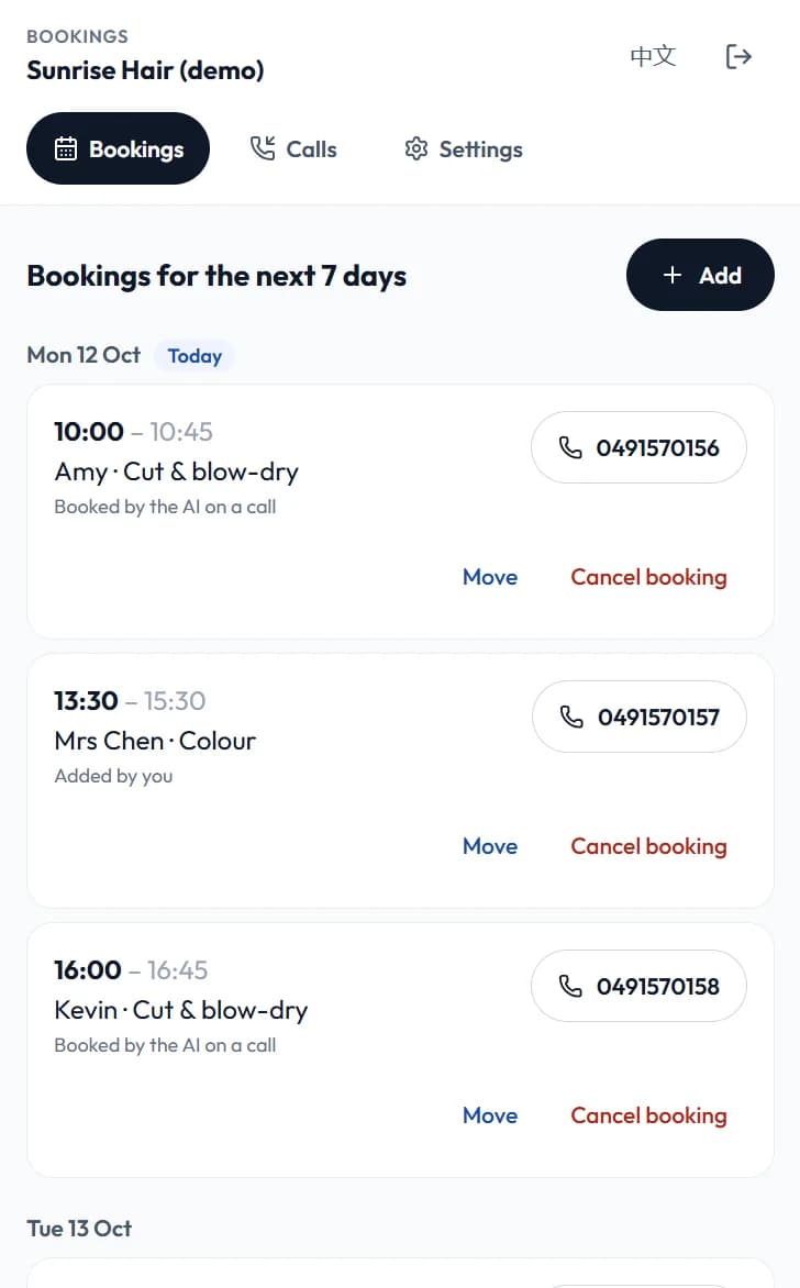 Upcoming bookings in the owner portal, grouped by day