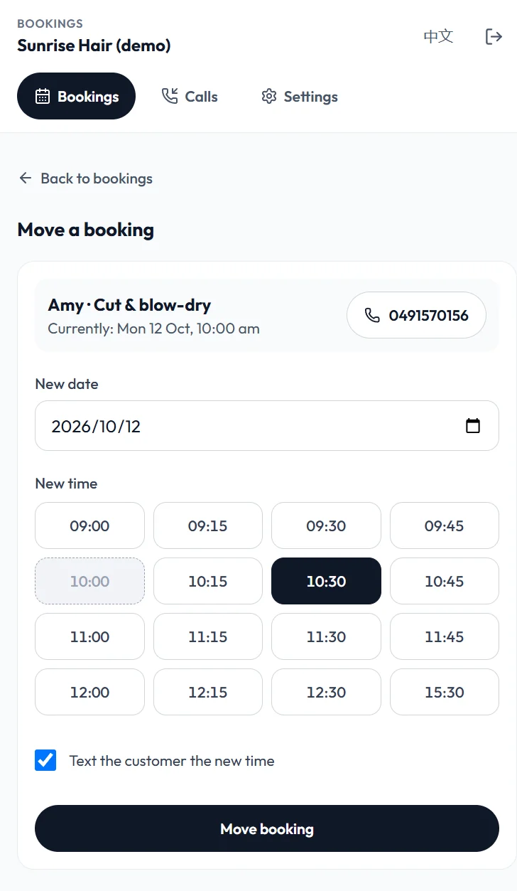 Moving a booking in the owner portal: the customer's current time and the free times to choose from